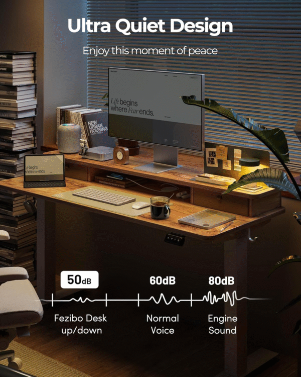 48 X 24 Inch Height Adjustable Electric Standing Desk with Double Drawer, Computer Desk, Home Office Stand up Table with 4 Height-Adjustable Feets & 2 Hooks, Light Rustic - Image 8