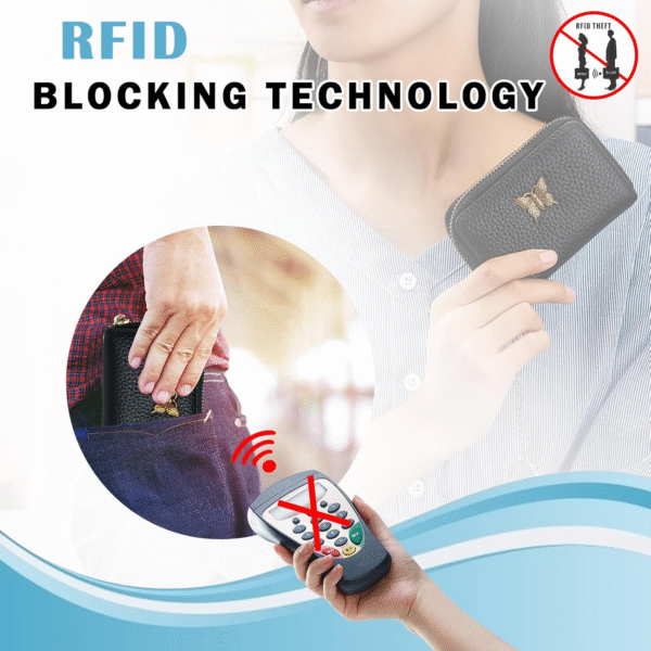 RFID Credit Card Holder for Women Genuine Leather Card Case Wallet with Zipper and Removable Keychain (Black) - Image 5