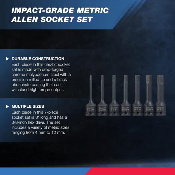 01130B 3/8" Drive Allen Socket Set, 7 Piece, 3 Inch, 3/8” Impact Hex Bit Socket Set, Metric Hex Driver 4 Mm to 12 Mm, Chrome-Moly Cr-Mo Impact Grade - Image 2