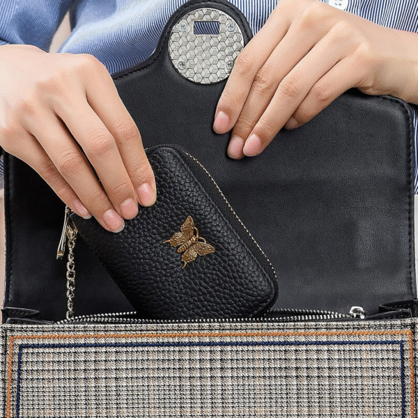 RFID Credit Card Holder for Women Genuine Leather Card Case Wallet with Zipper and Removable Keychain (Black) - Image 7