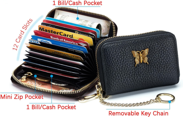 RFID Credit Card Holder for Women Genuine Leather Card Case Wallet with Zipper and Removable Keychain (Black) - Image 2