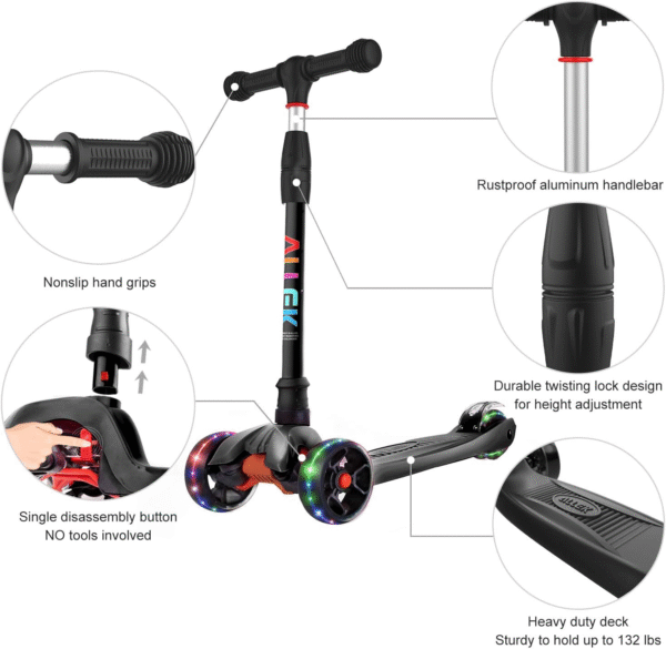 Kick Scooter B02, Lean 'N Glide Scooter with Extra Wide PU Light-Up Wheels and 4 Adjustable Heights for Children from 3-12Yrs (Black) - Image 2