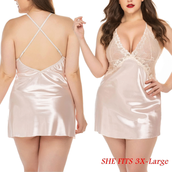 Women Lingerie V Neck Nightwear Satin Sleepwear Lace Chemise Mini Teddy Light Khaki - Image 2