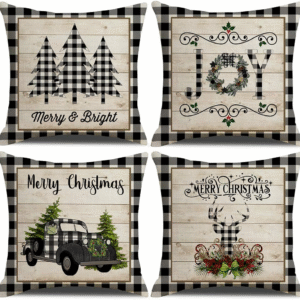 Christmas Buffalo Plaids Pillow Covers Christmas Tree Truck Farmhouse Decor Throw Pillow Case Cushion Cover 18" X 18" 4 Pack Christmas Decorations (Christmas Plaids & Joy)
