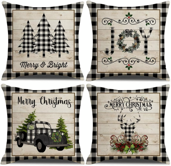 Christmas Buffalo Plaids Pillow Covers Christmas Tree Truck Farmhouse Decor Throw Pillow Case Cushion Cover 18" X 18" 4 Pack Christmas Decorations (Christmas Plaids & Joy)