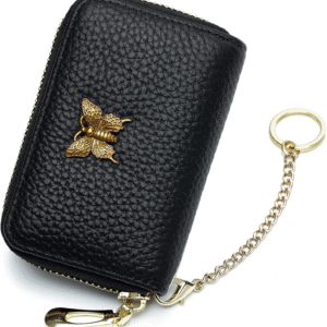 RFID Credit Card Holder for Women Genuine Leather Card Case Wallet with Zipper and Removable Keychain (Black)