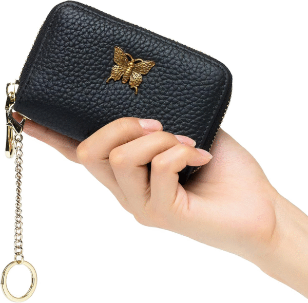 RFID Credit Card Holder for Women Genuine Leather Card Case Wallet with Zipper and Removable Keychain (Black) - Image 6