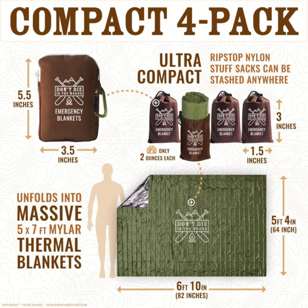 - Freakin’ Huge Emergency Blankets [4-Pack] Extra-Large Thermal Mylar Space Blankets with Ripstop Nylon Stuff Sacks + Carabiner Zipper Pack [Army Green] - Image 4