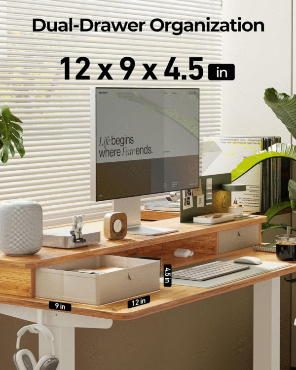 48 X 24 Inch Height Adjustable Electric Standing Desk with Double Drawer, Computer Desk, Home Office Stand up Table with 4 Height-Adjustable Feets & 2 Hooks, Light Rustic - Image 6
