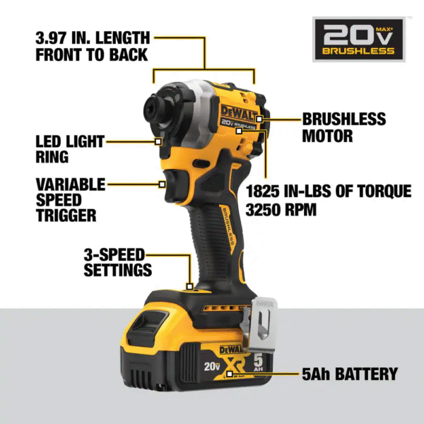 ATOMIC 20V MAX Lithium-Ion Cordless 1/4 In. Brushless Impact Driver Kit, 5 Ah Battery, Charger, and Bag - Image 3