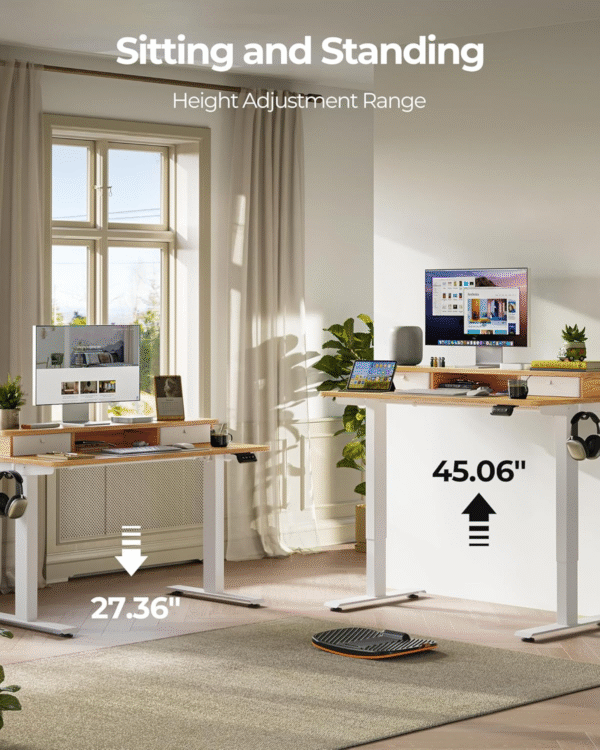 48 X 24 Inch Height Adjustable Electric Standing Desk with Double Drawer, Computer Desk, Home Office Stand up Table with 4 Height-Adjustable Feets & 2 Hooks, Light Rustic - Image 4