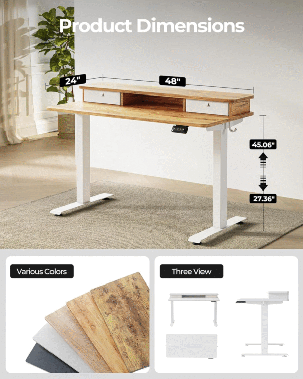 48 X 24 Inch Height Adjustable Electric Standing Desk with Double Drawer, Computer Desk, Home Office Stand up Table with 4 Height-Adjustable Feets & 2 Hooks, Light Rustic - Image 3
