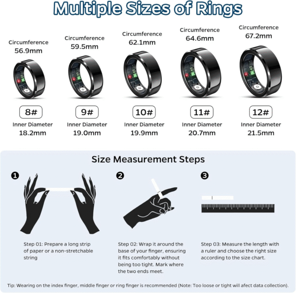 Smart Ring Health Tracker, Sleep Tracker Ring with Heart Rate, Waterproof Fitness Ring for Activity Monitoring/Steps/Distance/Calories, Air Gestures, up to 7-Day Battery, for Ios Android (Black,#10) - Image 2