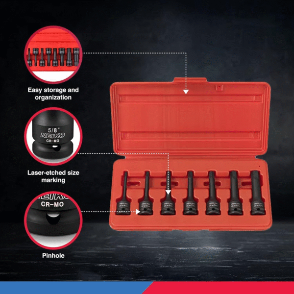 01130B 3/8" Drive Allen Socket Set, 7 Piece, 3 Inch, 3/8” Impact Hex Bit Socket Set, Metric Hex Driver 4 Mm to 12 Mm, Chrome-Moly Cr-Mo Impact Grade - Image 4
