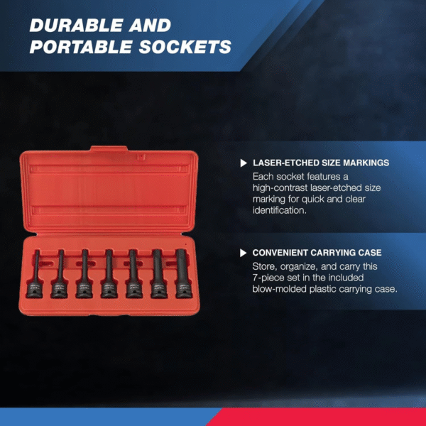 01130B 3/8" Drive Allen Socket Set, 7 Piece, 3 Inch, 3/8” Impact Hex Bit Socket Set, Metric Hex Driver 4 Mm to 12 Mm, Chrome-Moly Cr-Mo Impact Grade - Image 3