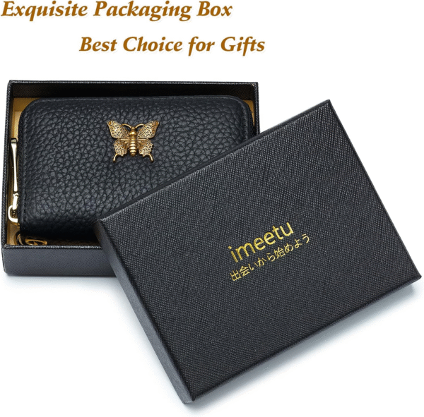 RFID Credit Card Holder for Women Genuine Leather Card Case Wallet with Zipper and Removable Keychain (Black) - Image 3