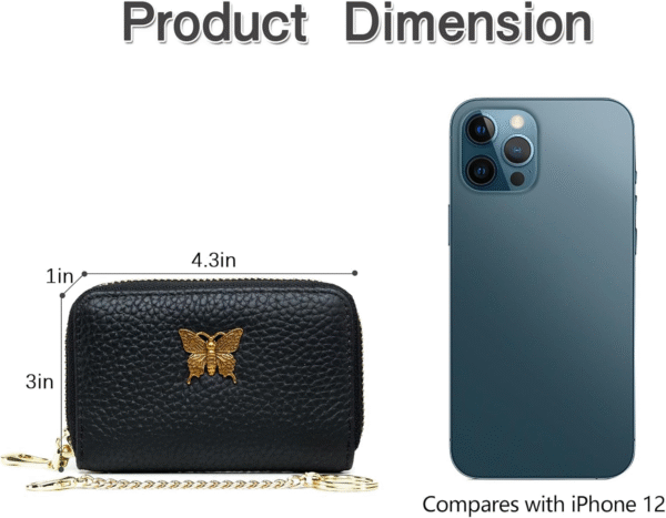 RFID Credit Card Holder for Women Genuine Leather Card Case Wallet with Zipper and Removable Keychain (Black) - Image 4