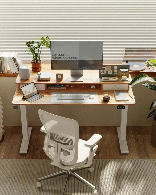 48 X 24 Inch Height Adjustable Electric Standing Desk with Double Drawer, Computer Desk, Home Office Stand up Table with 4 Height-Adjustable Feets & 2 Hooks, Light Rustic - Image 2
