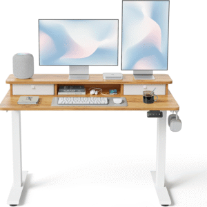48 X 24 Inch Height Adjustable Electric Standing Desk with Double Drawer, Computer Desk, Home Office Stand up Table with 4 Height-Adjustable Feets & 2 Hooks, Light Rustic