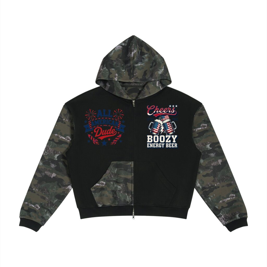 Unisex Colorblock Camo Full Zip Boxy Hoodie Boozie