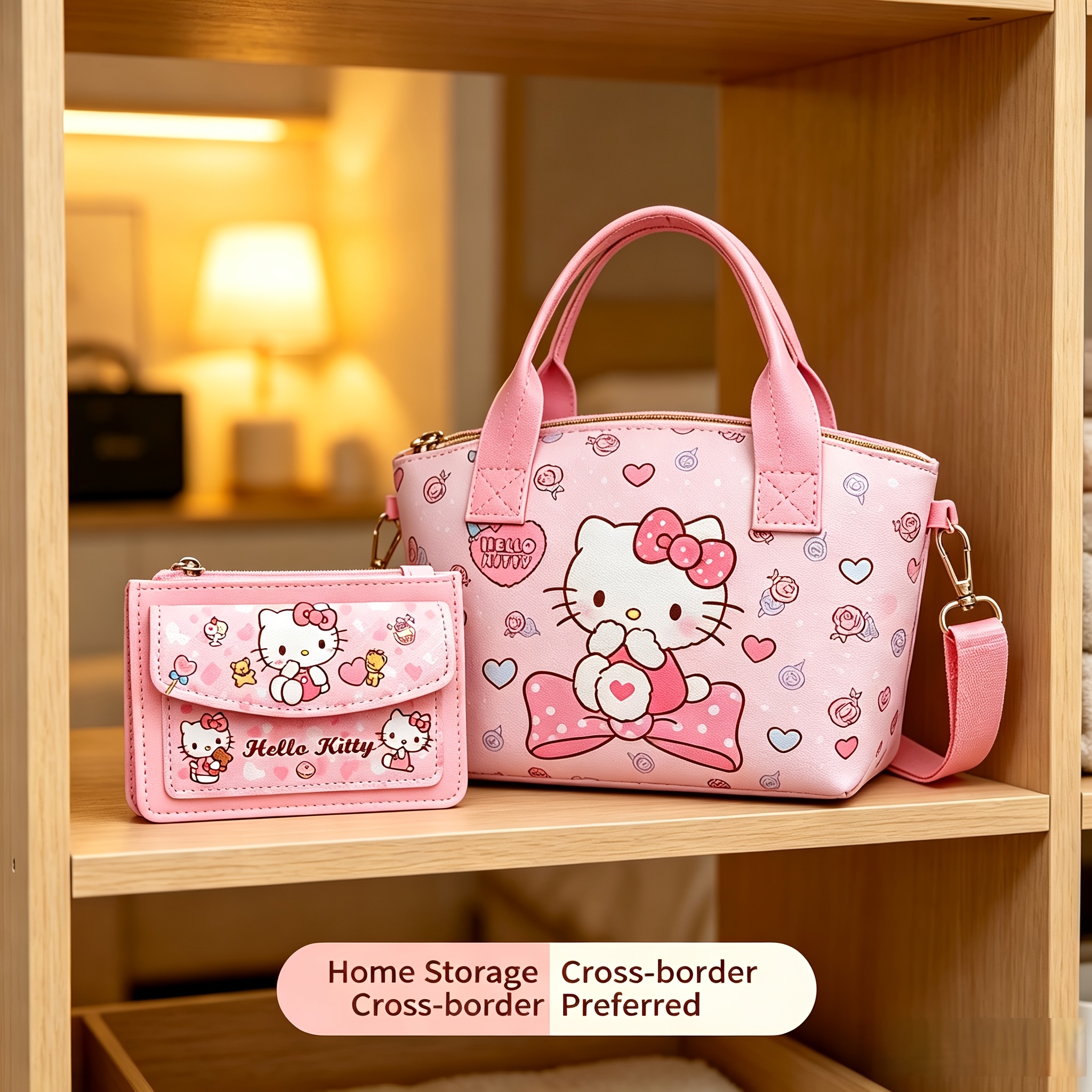 2pcs Hello Kitty Handbag Set - Pink Tote & Coin Purse with Detachable Strap, Kawaii Sanrio-Themed Crossbody Bag Suitable for, Travel, Daily Use, Matching Card Holder for, Cute Gift