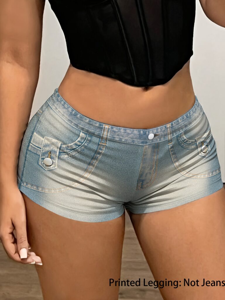[Printed Pants - Not Denim Fabric] Summer Women's 1pc Sexy Tight-fitting Shorts with a Denim-like Print Design, Featuring Pocket Print Elements, Elastic Fabric, Comfortable and Not Tight-fitting. A Must-have for Summer Outings.