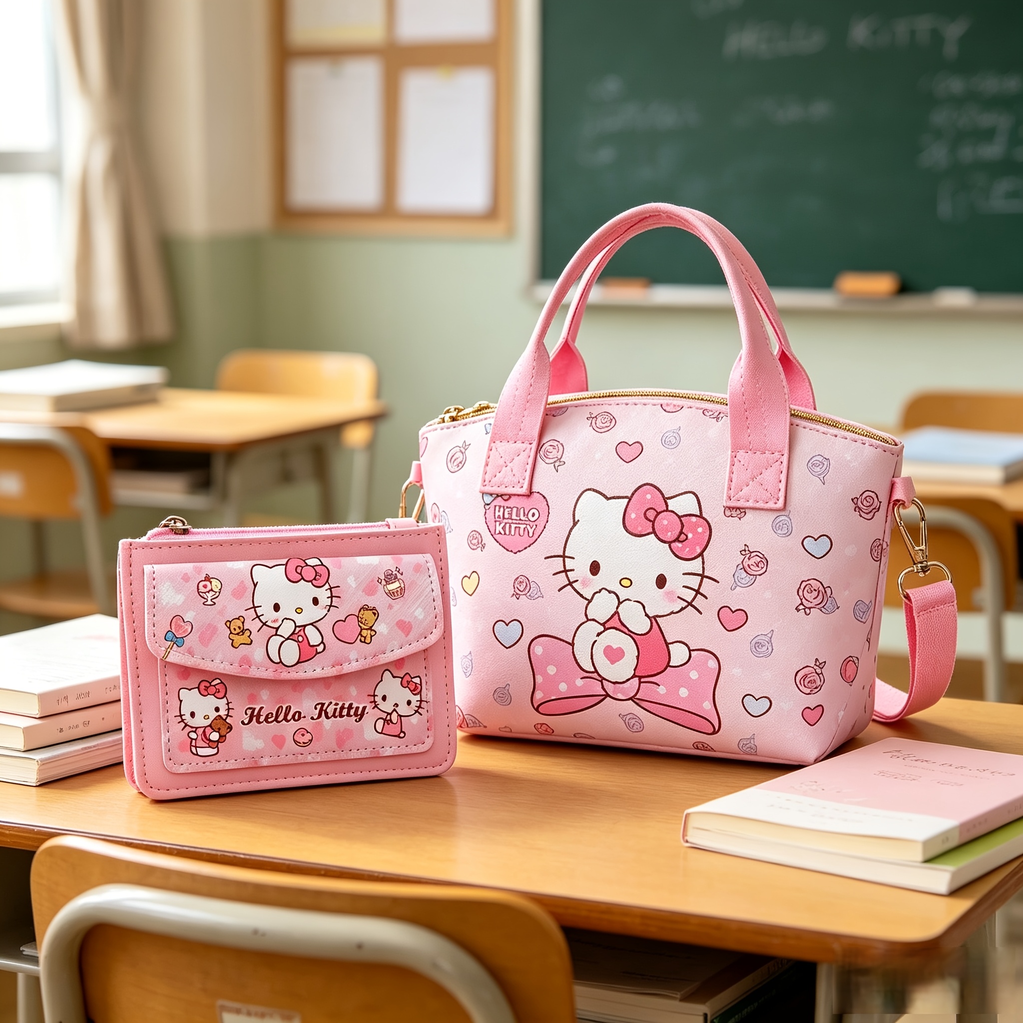 2pcs Hello Kitty Handbag Set - Pink Tote & Coin Purse with Detachable Strap, Kawaii Sanrio-Themed Crossbody Bag Suitable for, Travel, Daily Use, Matching Card Holder for, Cute Gift - Image 2